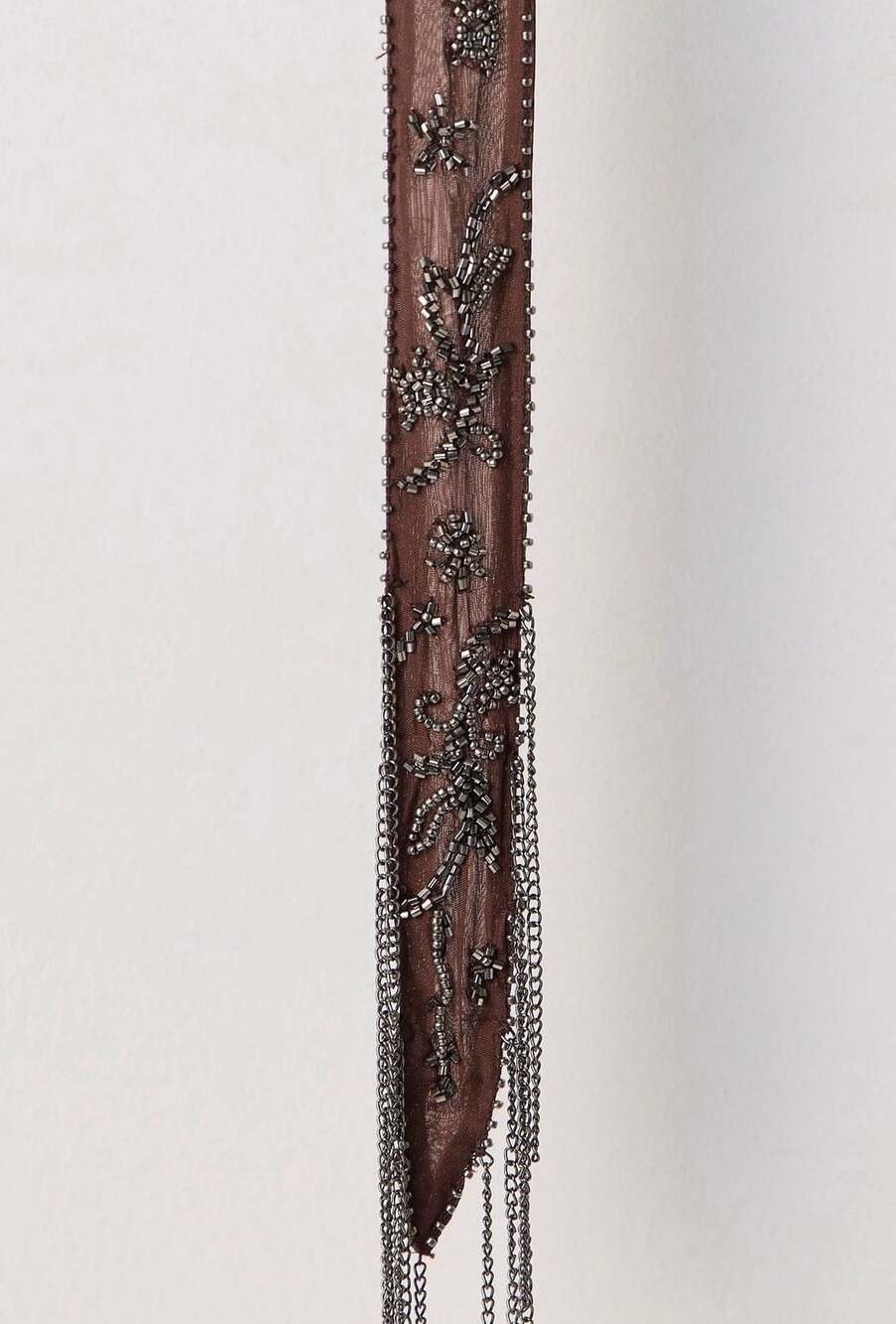 Free People Embellished Chiffon Skinny Scarf in Dark Brown NWT - Picture 2 of 3